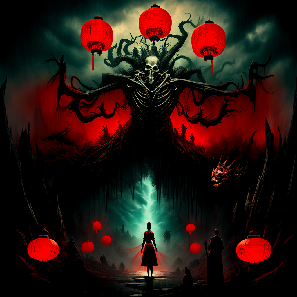 00341-3578935401-(guiguai),a little woman stands in front of a huge monster,looking at viewer,monster,wing,red lanterns,silhouette,(chinese-style.png